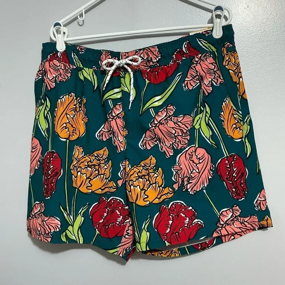 George Green and Yellow Swim Trunks Vibrant Tropical Design -L, NWT